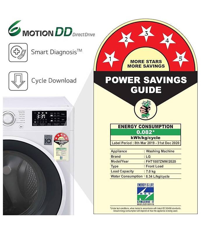 LG 7.0 kg 5 Star Inverter Fully-Automatic Front Loading Washing Machine (FHT1007ZNW, White, 6 Motion Direct Drive) - Image 6