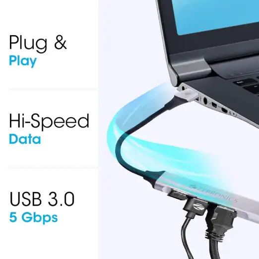 Zebronics 200HB USB 3.0 4 Port hub with Hi Speed Data Transfer, Aluminum + ABS Body, 15cm Cable, Sleek Design and Plug Play Usage - Black & Grey - Image 4