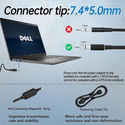Dell Original 65W Laptop Charger for DELL Latitude E5470 7480 7490 E7250 3300 3380 5280 5480 5490 E5440 E5470 E6540 E7440 E7450 E7250 E6440 E6430 7290 5490 5590 5290 19.5V 3.34A AC Adapter (with Power Cable) - Image 2