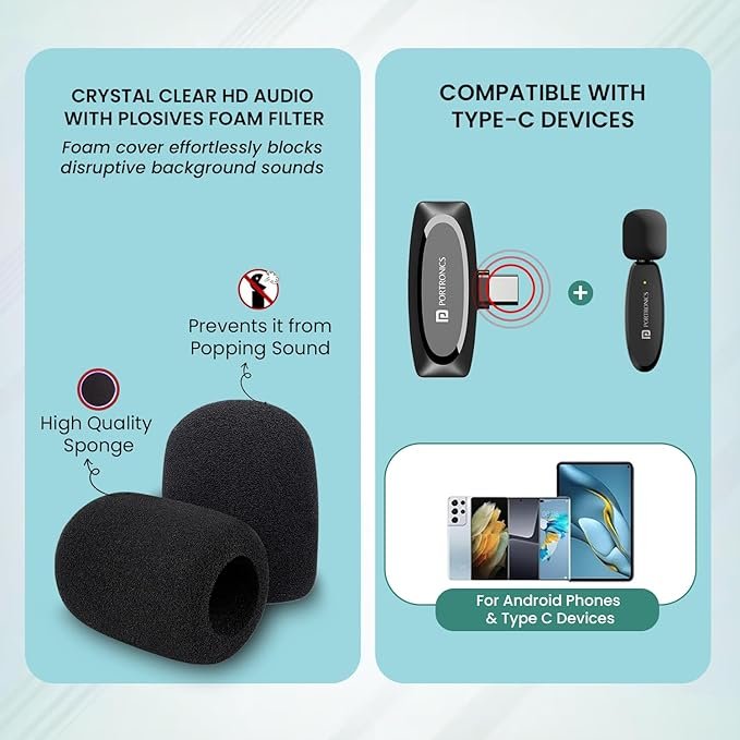 Portronics Dash 7 Omnidirectional Type C Wireless Microphone, Noise Cancellation, Plug & Play, Lapel Wireless Mic for Video Recording, Supports Type C Android, iPhone, Camera(Black) - Image 8
