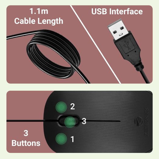 Zebronics Zeb-Power Wired USB Mouse, 3-Button, 1200 DPI Optical Sensor, Plug & Play, for Windows/Mac - Image 3