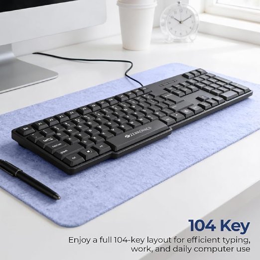 Zebronics Wired Keyboard with 104 Keys, 1.2m Cable, ₹ Key, USB Interface, UV-Coated Keys, Retractable Stand, for PC, Laptop(K65, Black) - Image 6