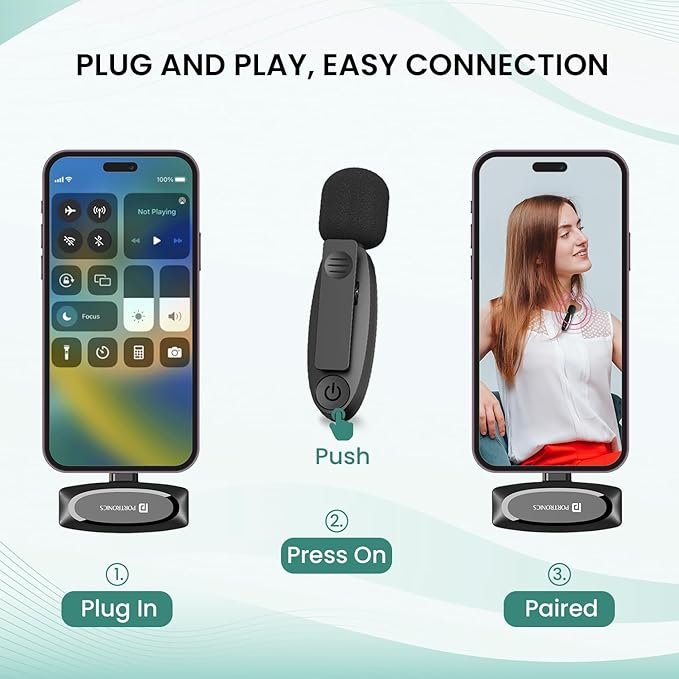 Portronics Dash 7 Omnidirectional Type C Wireless Microphone, Noise Cancellation, Plug & Play, Lapel Wireless Mic for Video Recording, Supports Type C Android, iPhone, Camera(Black) - Image 7