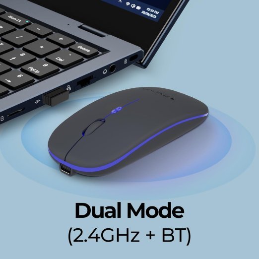 Zebronics Wireless Mouse, Dual Mode 2.4GHz + BT, Up to 1600 DPI, USB Nano Receiver, Lightweight Design, Multicolor LED Lights, Rechargeable Battery (Blanc, Grey) - Image 6