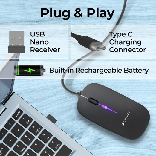 Zebronics Wireless Mouse, Dual Mode 2.4GHz + BT, Up to 1600 DPI, USB Nano Receiver, Lightweight Design, Multicolor LED Lights, Rechargeable Battery (Blanc, Grey) - Image 7