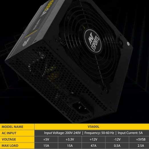 Ant Esports VS600L Non-Modular High Efficiency Gaming Power Supply/PSU with 1 x PCIe and 120mm Silent Fan - Image 5