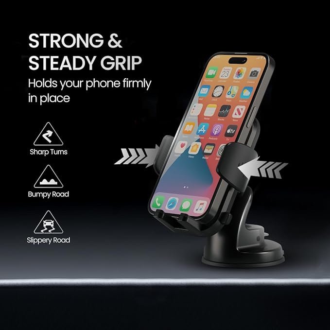 Portronics Clamp M4 Car Phone Holder Stand with 360 Degree Rotation, Strong Grip, Suction Cup Mount, Single Hand Use, Shockproof Build, Mobile Stand for Car (Black) - Image 4