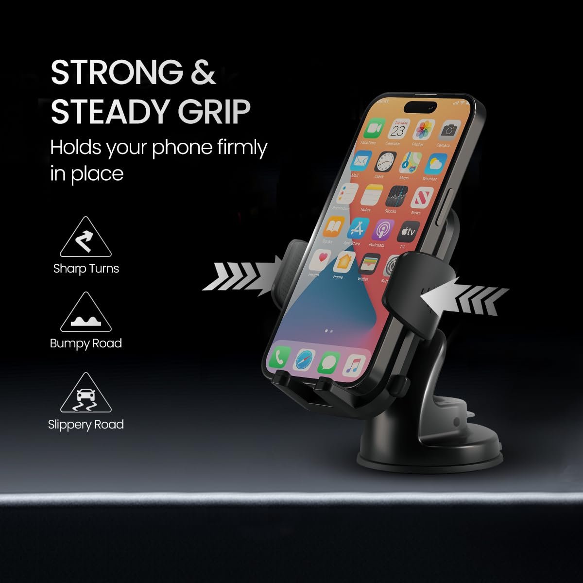 Portronics Clamp M4 Car Phone Holder Stand with 360 Degree Rotation, Strong Grip, Suction Cup Mount, Single Hand Use, Shockproof Build, Mobile Stand for Car (Black) - Image 7