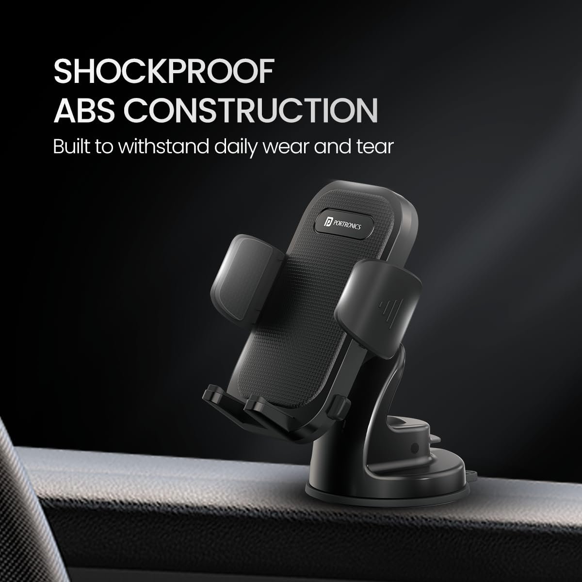 Portronics Clamp M4 Car Phone Holder Stand with 360 Degree Rotation, Strong Grip, Suction Cup Mount, Single Hand Use, Shockproof Build, Mobile Stand for Car (Black) - Image 2