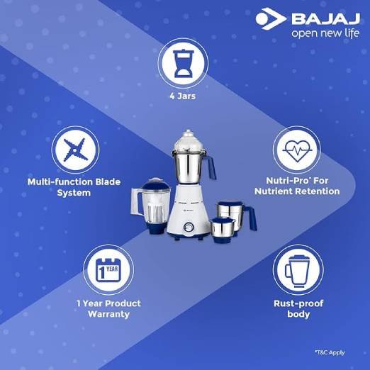 Bajaj Rex 750W Mixer Grinder | 4 Jars | Nutri Pro Feature | Multi-Functional Blade | Rust Proof Boady | 1 Yr Warranty 【White】 - Image 4